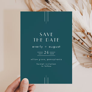 EVERLY Einfache Retro-Art-Deco-Pfau-Türkis-Hochzei Save The Date