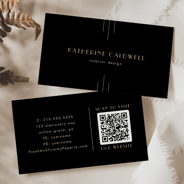 EVERLY Elegant Art Deco Black and Gold QR Code Visitenkarte (EVERLY Elegant Art Deco Black and Gold QR Code Business Card)