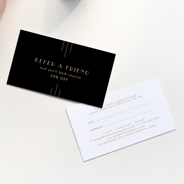 EVERLY Elegant Art Deco Black Gold Refer A Friend Empfehlungskarte (EVERLY Elegant Art Deco Black Gold Refer A Friend Referral Card)
