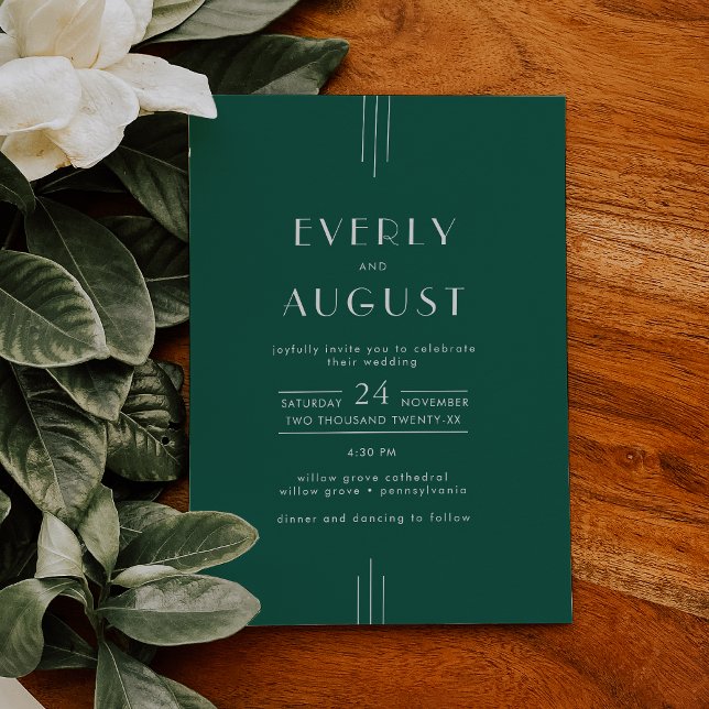 EVERLY Jewel Tone Art Deco Emerald Green Wedding Einladung (EVERLY Jewel Tone Art Deco Emerald Green Wedding Invitation)