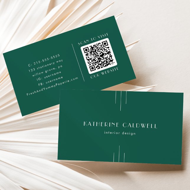 EVERLY Juwel-Ton Art Deco Smaragdgrün QR-Code Visitenkarte (EVERLY Jewel Tone Art Deco Emerald Green QR Code Business Card)