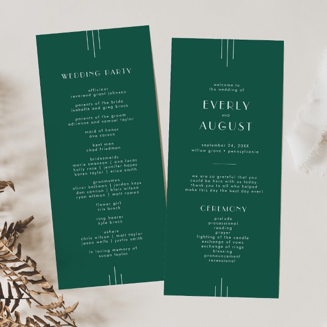 EVERLY Juwel-Ton Art Deco Smaragdgrüne Hochzeit Programm (EVERLY Jewel Tone Art Deco Emerald Green Wedding Program)