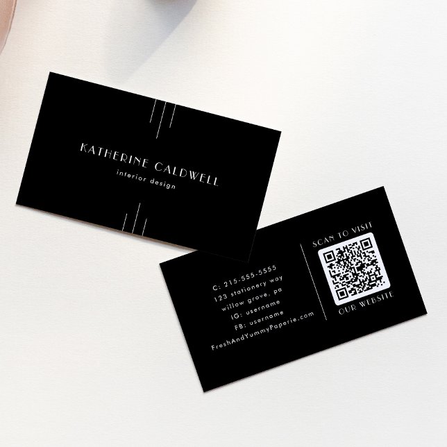 EVERLY Modern Art Deco Black and White QR Code Visitenkarte (EVERLY Modern Art Deco Black and White QR Code Business Card)
