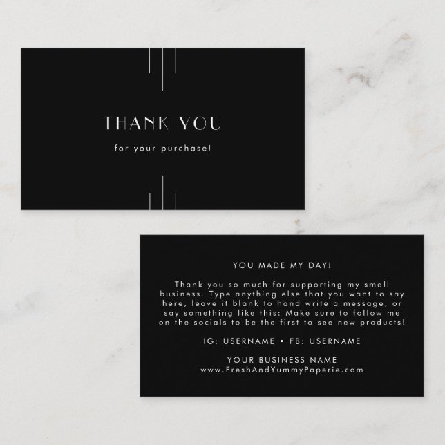 EVERLY Modern Art Deco Black and White Thank You Visitenkarte (Vorne/Hinten)