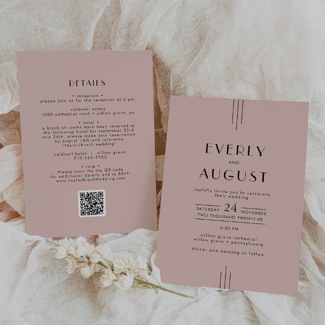EVERLY Retro Art Deco Blush Pink QR Code Hochzeit Einladung (EVERLY Retro Art Deco Blush Pink QR Code Wedding Invitation)