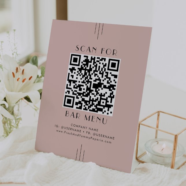 EVERLY Retro Art Deco Roséfarbenes Bar-Menü QR-Cod Sockelschild (EVERLY Retro Art Deco Blush Pink Bar Menu QR Code Pedestal Sign)