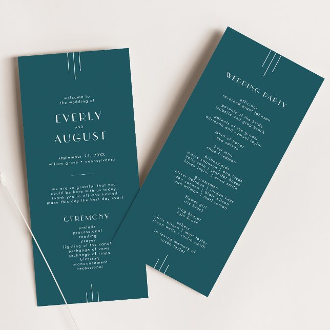 EVERLY Simple Retro Art Deco Peacock Teal Wedding Programm (EVERLY Simple Retro Art Deco Peacock Teal Wedding Program)
