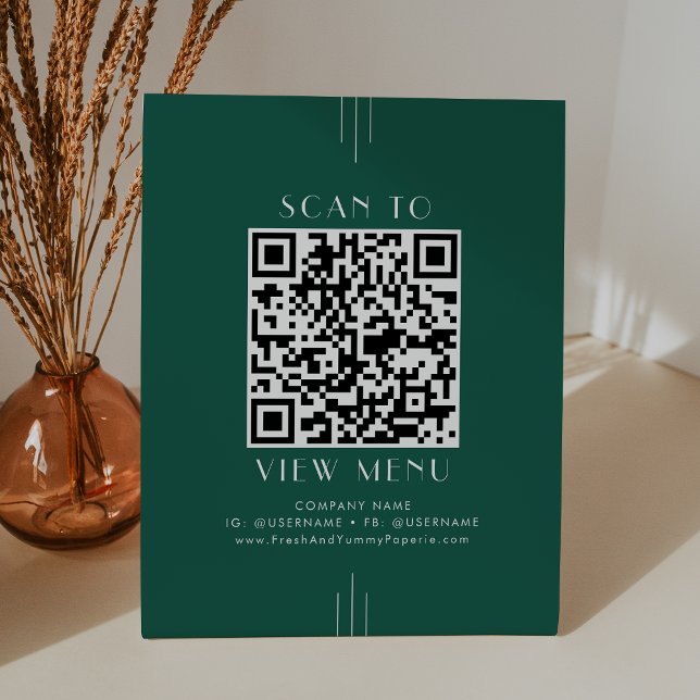 EVERLY Smaragdgrünes Restaurant-Menü QR-Code Sockelschild (EVERLY Emerald Green Restaurant Menu QR Code Pedestal Sign)