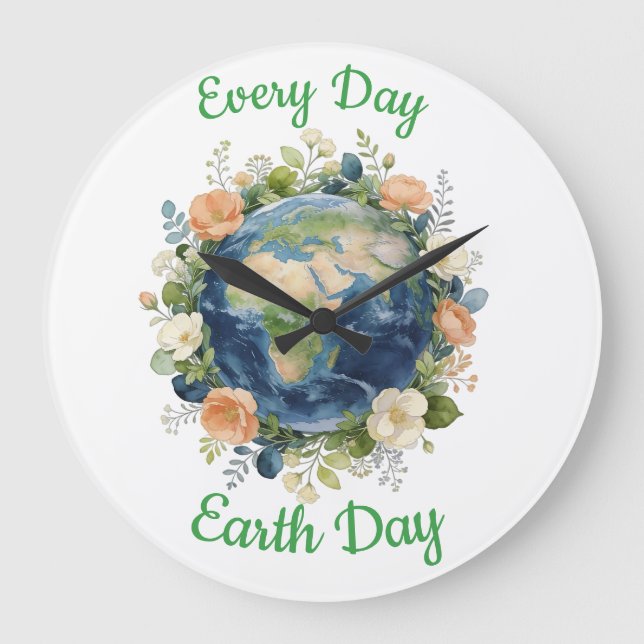 Every Day Earth Day Floral Wreath Earth Große Wanduhr (Vorderseite)