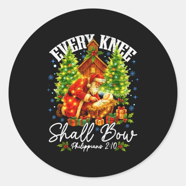 Every Knee Shall Bow Santa Christmas Nativity Scen Runder Aufkleber (Vorderseite)