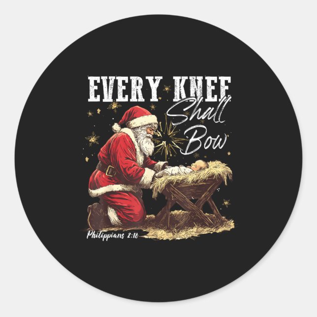 Every Knee Shall Bow Santa Christmas Nativity Scen Runder Aufkleber (Vorderseite)