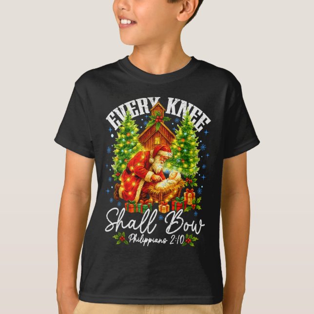Every Knee Shall Bow Santa Christmas Nativity Scen T-Shirt (Vorderseite)