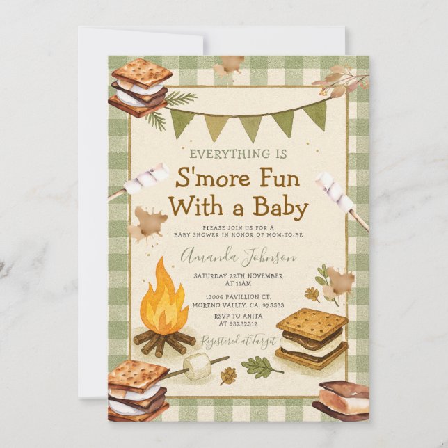Everything S'more Fun Green Baby Shower Gingham Einladung (Vorderseite)