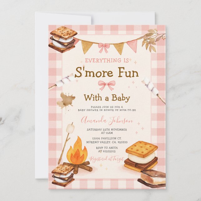 Everything S'more Fun Pink Baby Shower Gingham Einladung (Vorderseite)