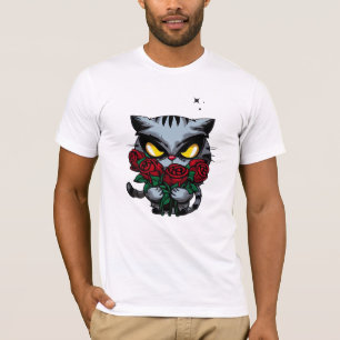 Evil Black Cat Holding Rose Cool Dunkle Sterne T-Shirt