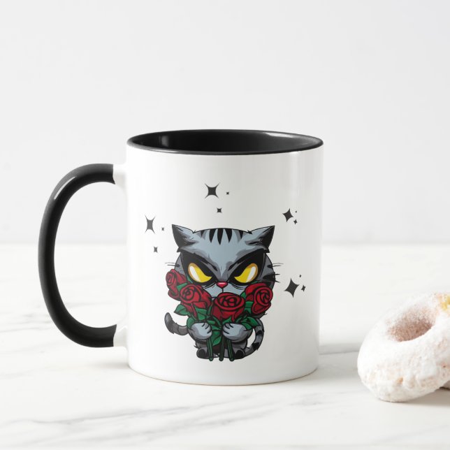 Evil Black Cat Holding Rose Cool Dunkle Sterne Tasse (Mit Donut)