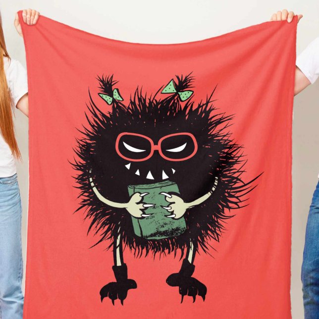 Evil Book Lover Character - Edgy Reading Fleecedecke (orange red blanket with an evil creature with eyeglasses and ponytails holding a book, grinning)