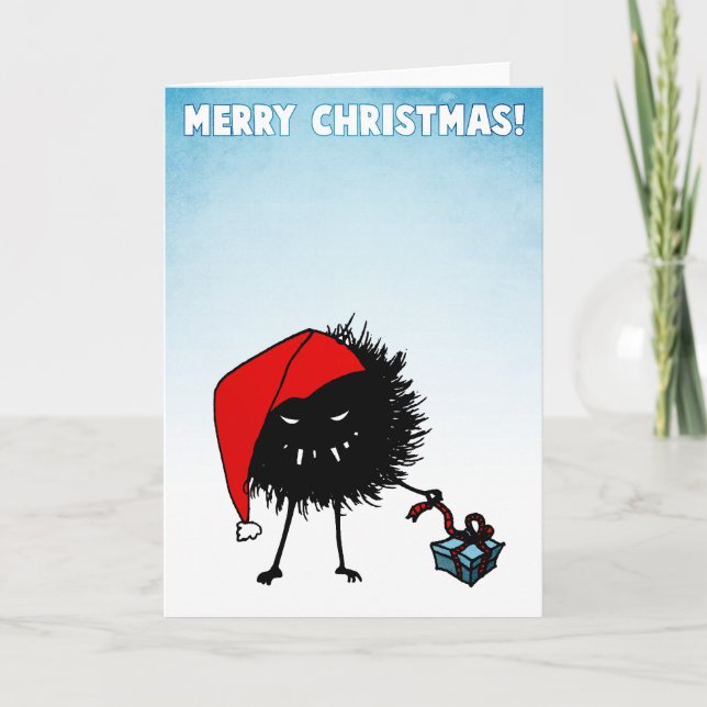 Evil Christmas Bug Opening Present Feiertagskarte (Vorderseite)