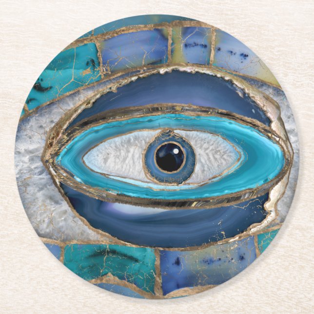 Evil Eye Amulet Agate und Gold Runder Pappuntersetzer (Vorderseite)