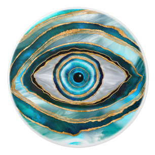 Evil Eye Amulet Aquarellmarmor und Gold Keramikknauf