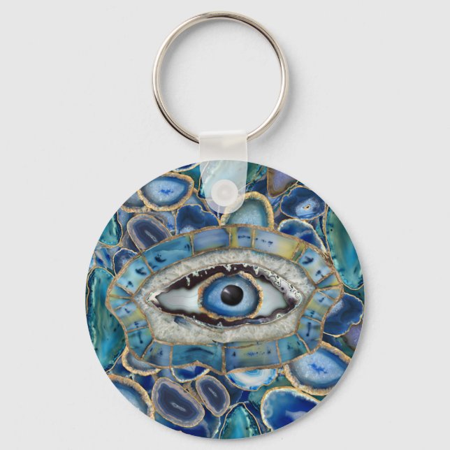 Evil Eye Amulet Blue Geodes und Crystals Schlüsselanhänger (Vorderseite)