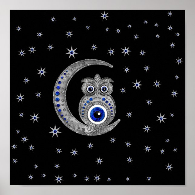 Evil Eye Amulet - Eule auf dem Mond Poster (Vorne)