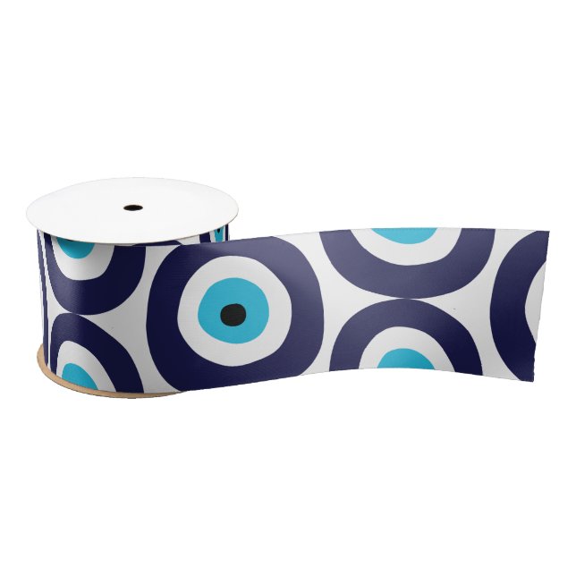 Evil Eye Circles Muster in Aqua White Navy Blue Satinband (Spule)