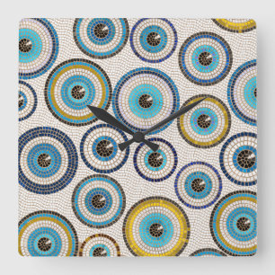 Evil Eye Mosaic Tile Pattern Quadratische Wanduhr