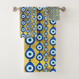 Evil Eye Muster auf goldener Textur Badhandtuch Set