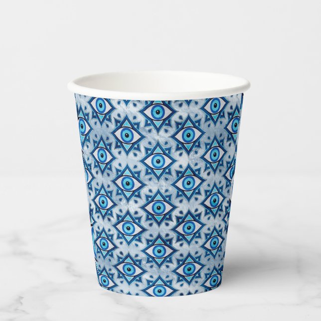 Evil Eye Ornament Pattern - Blues und Silber Pappbecher (Vorderseite)