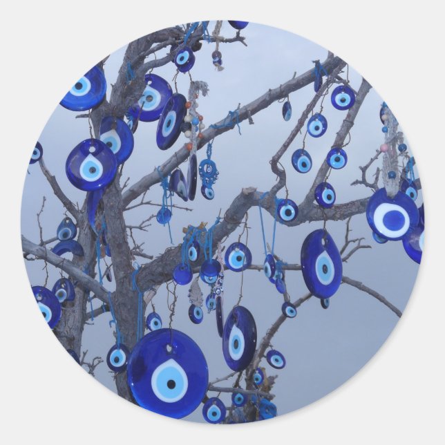 Evil Eye Tree, Blue Nazar Amulet Charme Accessoire Runder Aufkleber (Vorderseite)
