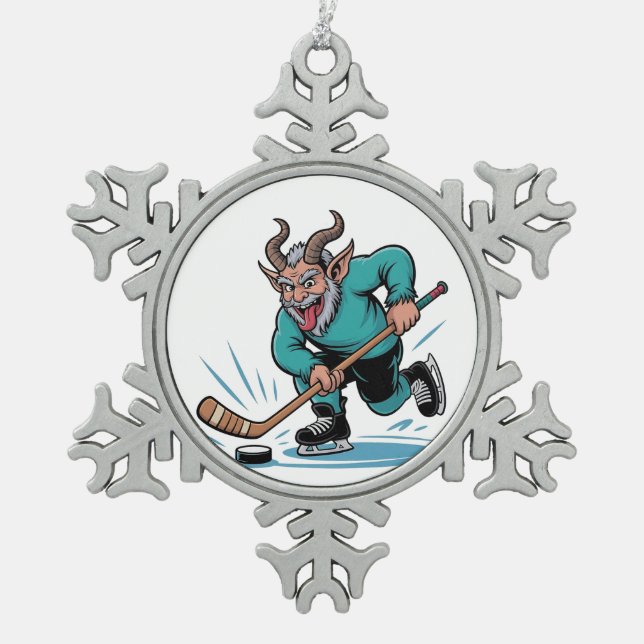Evil Krampus Eishockey Weihnachtssport Schneeflocken Zinn-Ornament (Vorderseite)
