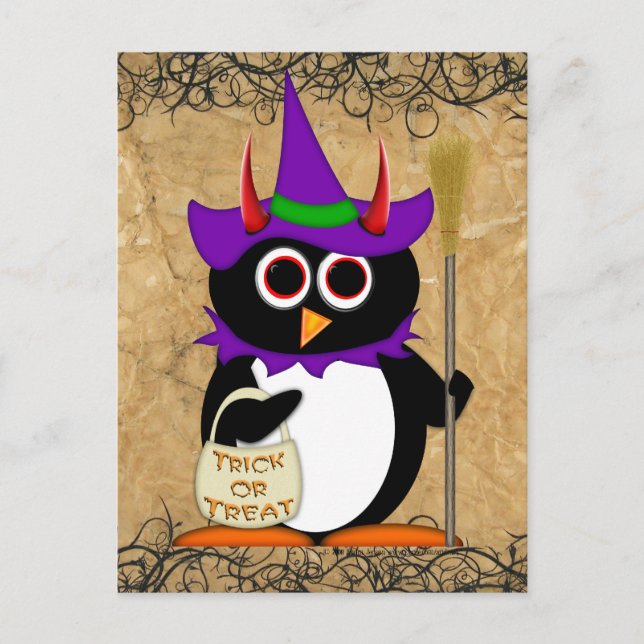 Evil Penguin Halloween Hexenkarte Postkarte (Vorderseite)