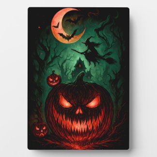 Evil Pumpkin Under Blood Moon | Witch Flying Hallo Fotoplatte