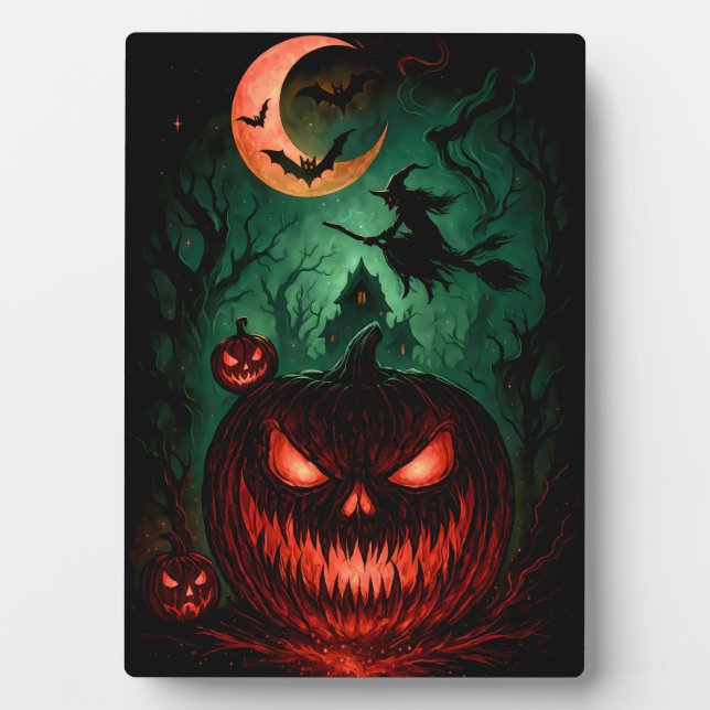 Evil Pumpkin Under Blood Moon | Witch Flying Hallo Fotoplatte (Vorderseite)