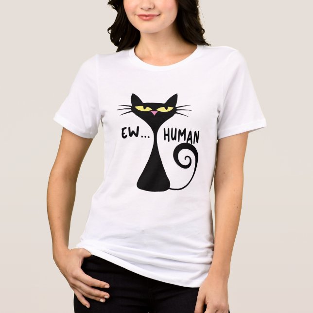 Ew Human - Sleek Black Cat Minimalistisch Art Tri-Blend Shirt (Vorderseite)