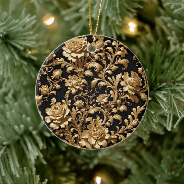 Ewige Opulenz: Schwarz-Gold-Barock-Flora Keramik Ornament (Baum)