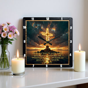 Ewige Verheißung Das Kreuz Johannes 3,16  Quadratische Wanduhr