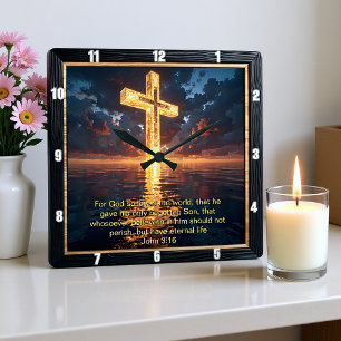 Ewige Verheißung Das Kreuz Wasser Sonnenuntergang  Quadratische Wanduhr