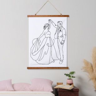 Ewiger Tanz - Minimalistische Hochzeitslinie Art Wandteppich Mit Holzrahmen