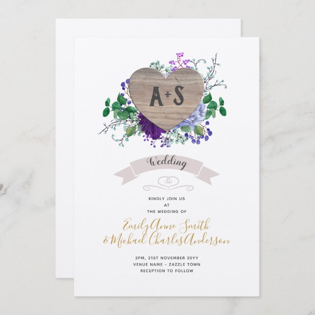 Ewiges Herz Hochzeit Lila Blue Floral Kraft Einladung (Vorne/Hinten)