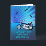 Ex Husband Birthday Motorrad Sunset Card Karte<br><div class="desc">Herzlichen Glückwunsch zum Geburtstag Ex-Mann-Karte mit einem Motorrad. Eine perfekte Karte für einen Biker. Ein blaues Motorrad mit einem stilvollen Sonnenuntergang und fliegenden Vögeln. Jeder Radfreund wird Liebe haben,  eine solche Karte zu bekommen.</div>