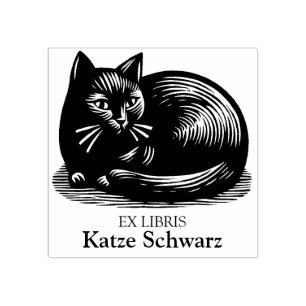 Ex Libris - Black Cat Woodcut Style Gummistempel