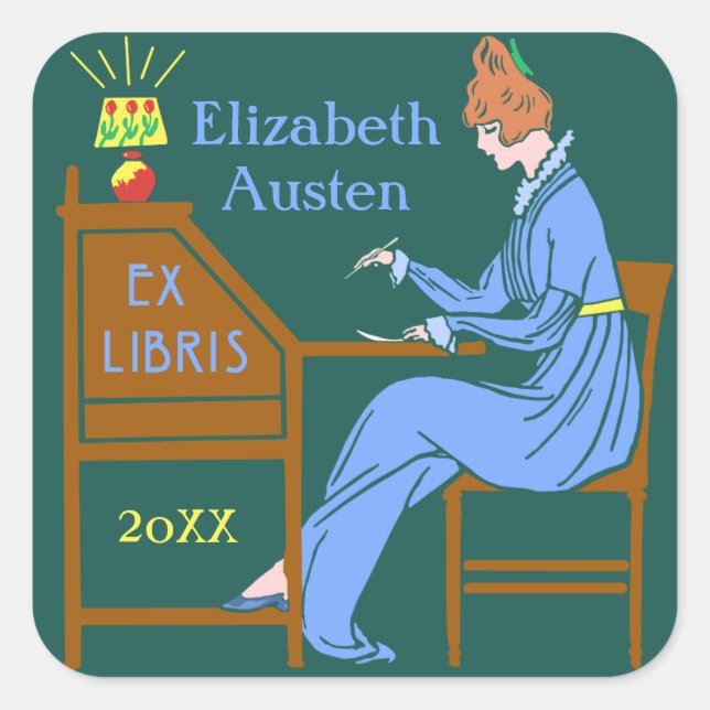 Ex Libris Buchzeichen Deko Lady Schreibtisch Custo Quadratischer Aufkleber (Vorderseite)