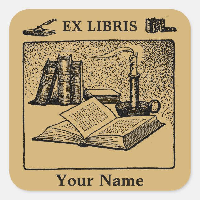 Ex Libris Kerzen Stift Tinte Buch Vorlage Quadratischer Aufkleber (Vorderseite)