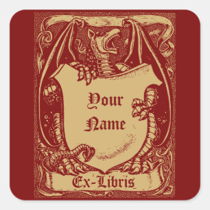 Ex Libris Mittelalterlicher Drache mit Schild Vorl Quadratischer Aufkleber
