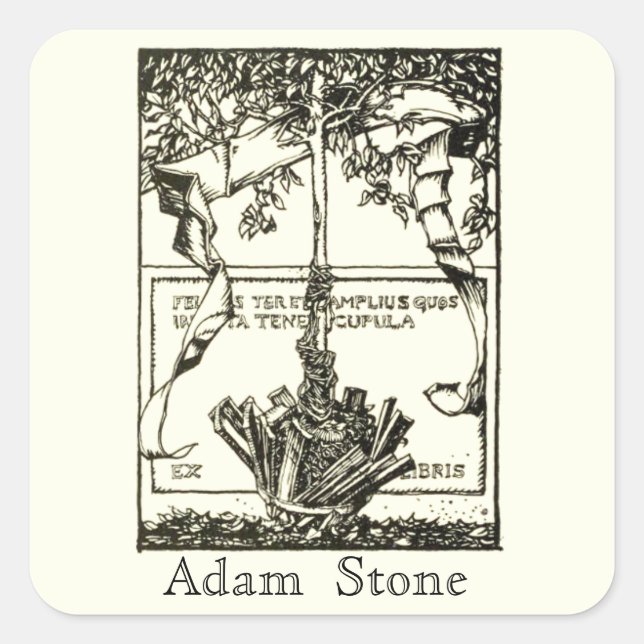 Ex Libris Tree mit Ribbon-Aufkleber Quadratischer Aufkleber (Vorderseite)