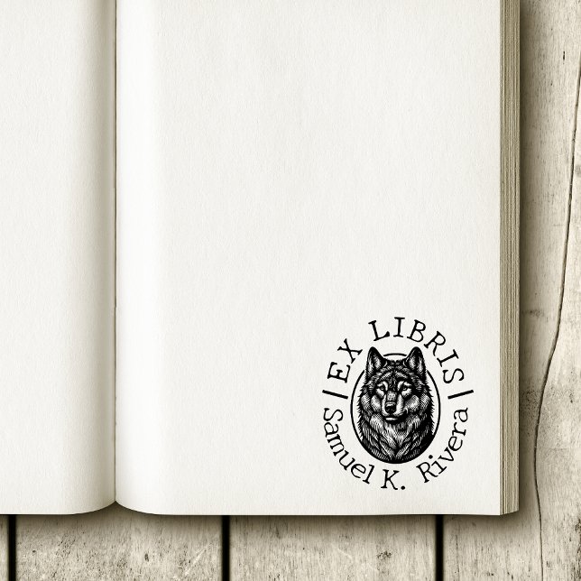 Ex Libris Wolf Face Individuelle Name Book Gummistempel (Wolf face ex libris book stamp)