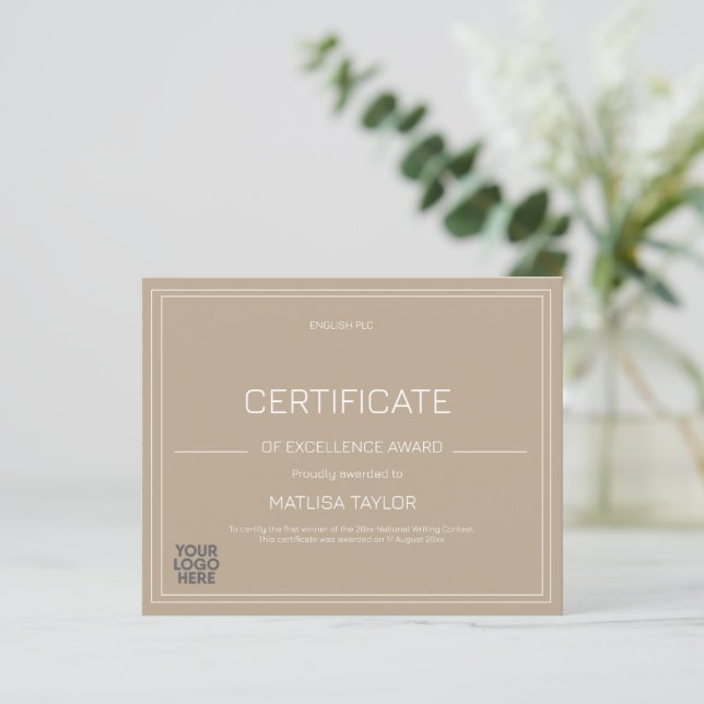 Excellence-Urkunde Taupe Logo hinzufügen  (Stehend Vorderseite)