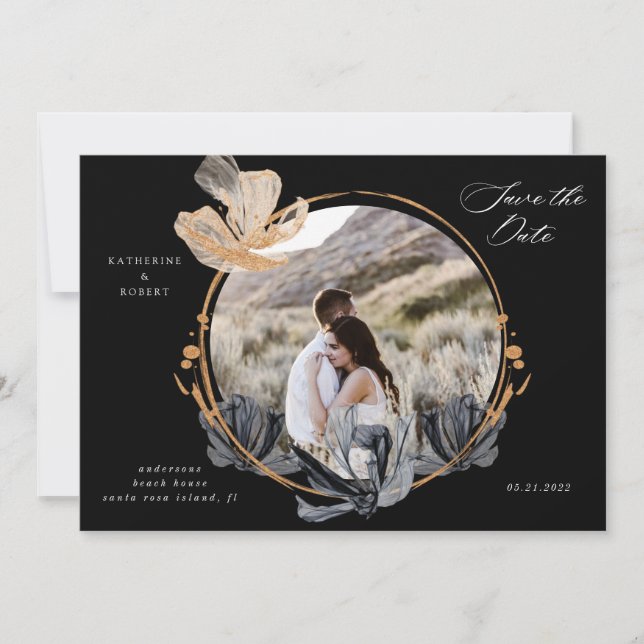 Exclusive Black Gold Floral Save the Date Einladung (Vorderseite)